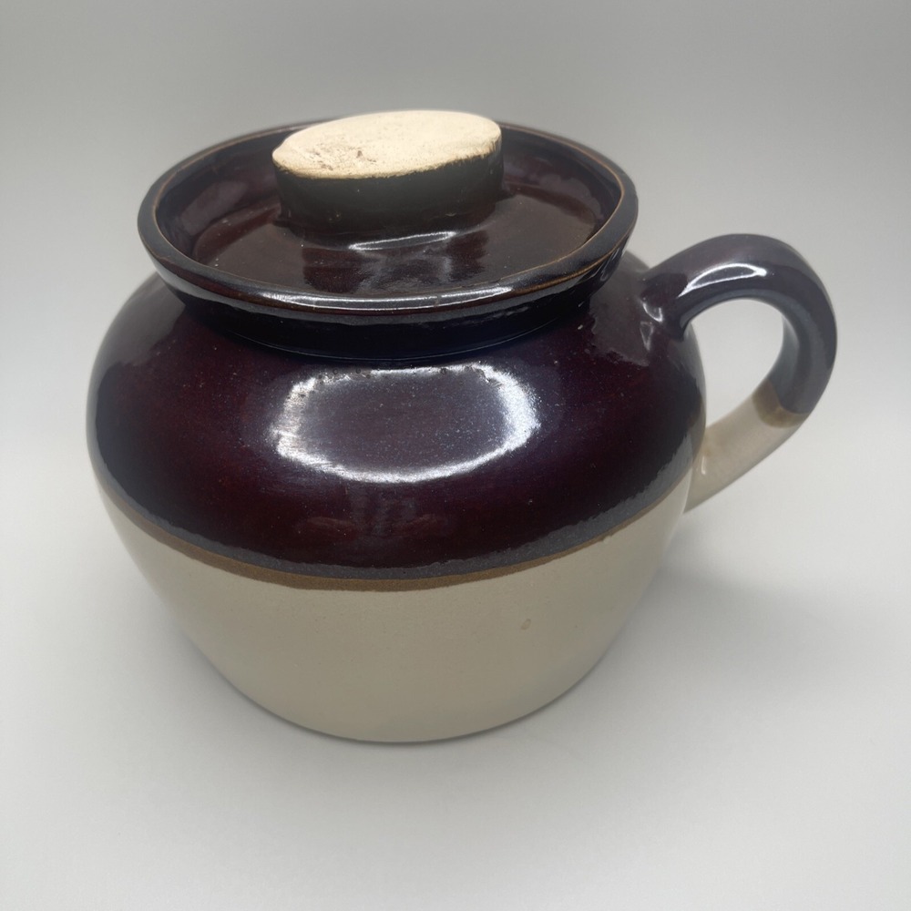 Vtg Clay Bean Pot‎ Crock with Lid Handle USA Brown Farmhouse Kitchen Pottery